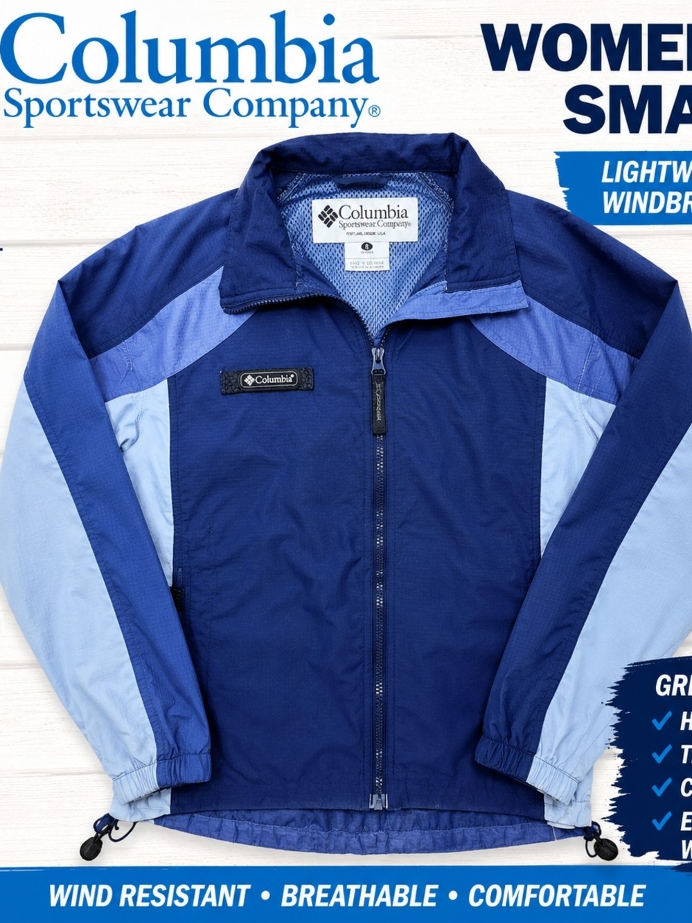 Columbia Sportswear Womens Small Windbreaker Jacket Blue Mesh Lined Full Zip